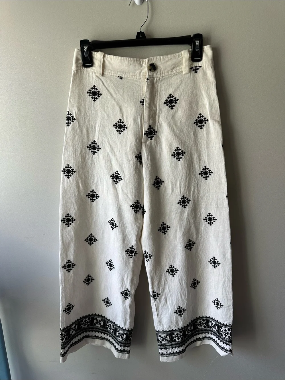Zara Embroidered Linen Blend Wide Leg Pants US S Black White Boho